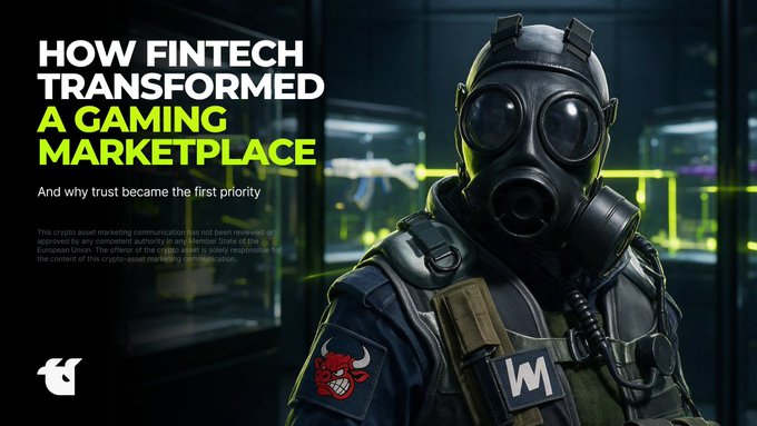 A dark, moody promotional graphic features a character in a black gas mask and tactical gear with a red bull patch and a "W" badge, overlaid with the headline "HOW FINTECH TRANSFORMED A GAMING MARKETPLACE" and the subtitle "And why trust became the first priority," promoting a WhiteBit blog about how fintech shaped their gaming marketplace.