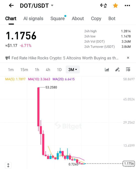 A Bitget trading chart showing DOT/USDT priced at 1.1756, down 6.71%, with a 24h high of 1.2814 and a dramatic long-term price drop from a peak of 53.2580.
