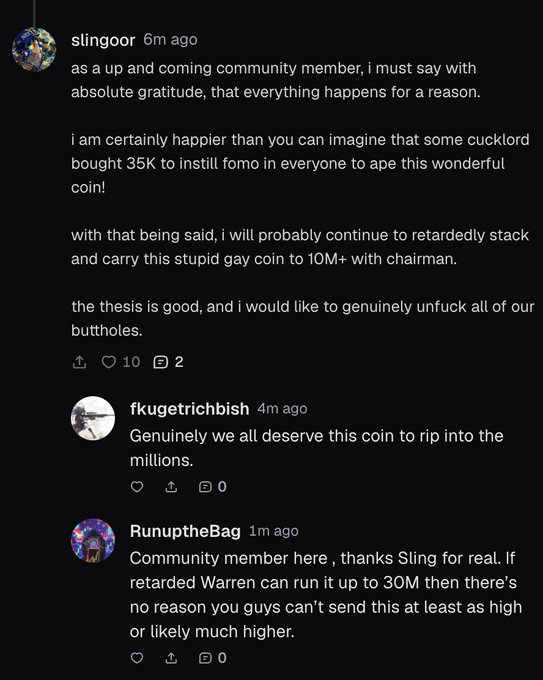 A screenshot of a Reddit thread shows user "slingoor" celebrating a 35K buy-in on "Chairman" coin and planning to "stack" up to 10M+, with replies from "fkugetrichbish" and "RunuptheBag" echoing bullish sentiment and referencing 30M targets—the image ironically illustrates cult-like faith in a volatile crypto investment that the accompanying post mockingly labels "eloncoin."