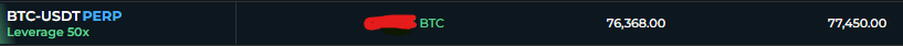 A trading chart header shows BTC-USDT perpetual futures with 50× leverage, BTC priced around 76,368–77,450, and a highlighted bottom area. It visually supports the post’s “pico bottom, run it back?” by suggesting a potential local low or reversal setup.