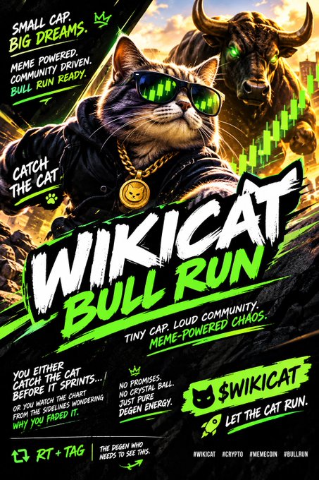 A promotional poster for "WIKICAT BULL RUN," featuring a cat in sunglasses and a bull, with text like "SMALL CAP. BIG DREAMS," "TINY CAP. LOUD COMMUNITY," "$WIKICAT," and "LET THE CAT RUN."