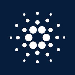 The Cardano cryptocurrency logo, featuring a circular arrangement of white dots on a dark blue background.