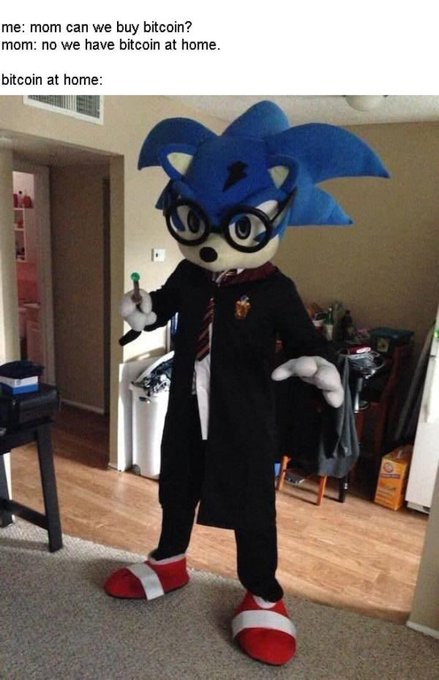 A meme with text 'me: mom can we buy bitcoin? mom: no we have bitcoin at home. bitcoin at home:' showing a person in a full-body Sonic the Hedgehog costume.
