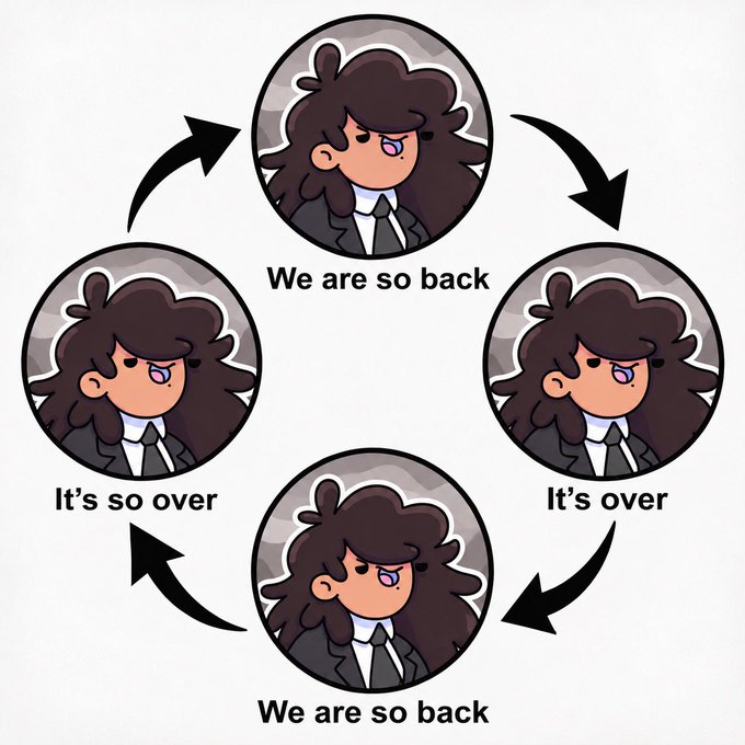 A four-panel circular illustration showing a cartoon character with brown hair and a suit, cycling through the phrases 'We are so back,' 'It's over,' and 'It's so over.'