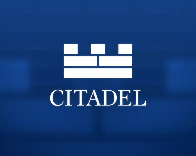 The image displays the Citadel logo—a stylized white castle/fortress emblem above the company name "CITADEL"—set against a deep blue background. The logo visually corresponds to the accompanying post about Citadel Securities challenging SEC regulatory oversight for prediction markets tied to public companies.