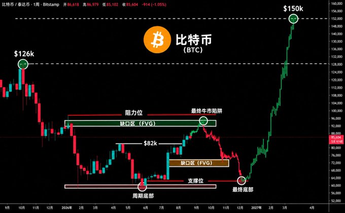 This Bitcoin (比特币/BTC) weekly candlestick chart from Bitstamp displays prices ranging from approximately $60,604 to $126k, highlighting key technical levels including a "Final Bull Market Trap" (最终牛市陷阱) and two "Cycle Bottoms" (周期底部/最终底部), with annotated Fair Value Gaps (FVG/缺口区) at $82k and support/resistance levels (支撑位/阻力位), showing an explosive rebound toward a key target price of $150,000 marked on the upper right.