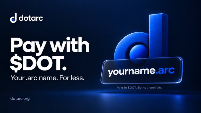 A promotional graphic for 'dotarc' with the text 'Pay with $DOT. Your .arc name. For less.' and a blue 3D 'd' logo with 'yourname.arc' below it, and 'dotarc.org' at the bottom.