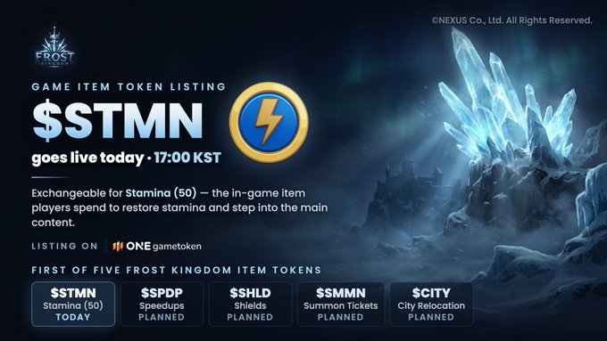 Promotional graphic for FROST game item token listing, announcing '$STMN goes live today · 17:00 KST', exchangeable for Stamina (50), listing on ONE gametoken, with future tokens $SPDP, $SHLD, $SMMN, and $CITY planned.