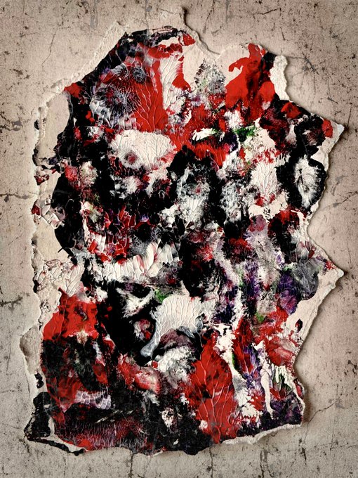 An abstract mixed-media artwork featuring chaotic splashes and textures of red, black, white, purple, and green paint on an irregular, ragged-edged white surface mounted against a cracked grey background.