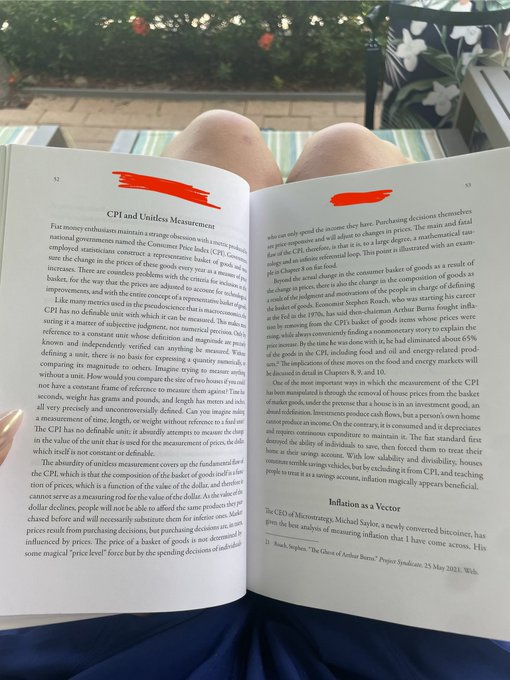 An open book displaying pages 52-53 about 'CPI and Unitless Measurement,' discussing inflation measurement and citing 'The Ghost of Arthur Burns' by Michael Saylor.