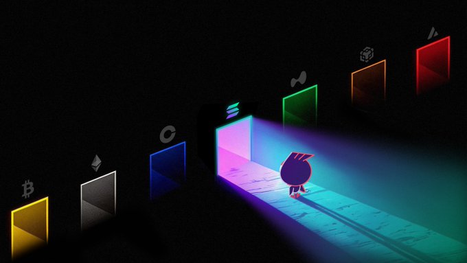 A small astronaut character stands on a vibrant cosmic pathway, with the Solana logo glowing prominently in purple as the active platform, while other cryptocurrency logos (Bitcoin, Ethereum, Tether, USDC, and others) fade into darkness. The image visually represents the post's message of choosing Solana as the chosen blockchain, with the astronaut's path illuminated by Solana's signature colors and logo.