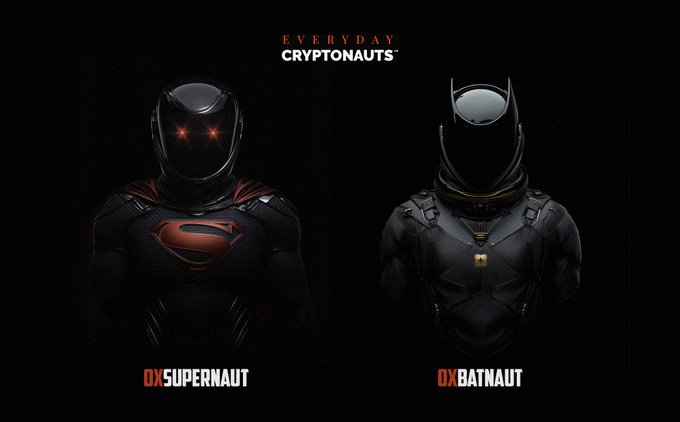 A promotional image titled 'EVERYDAY CRYPTONAUTS' featuring two armored figures labeled '0X SUPERNAUT' (Superman-styled) and '0X BATNAUT' (Batman-styled).