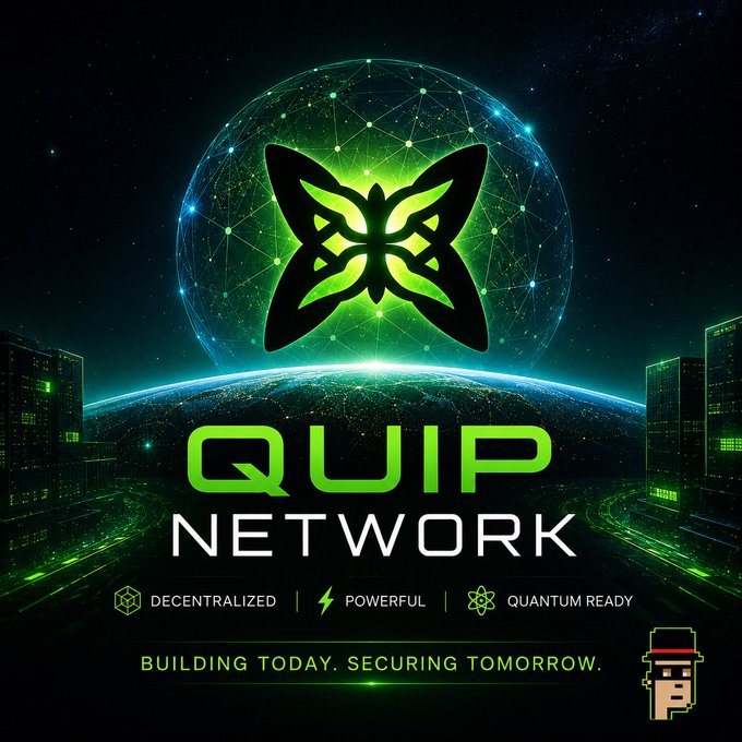 The image is a futuristic promotional graphic for "QUIP NETWORK," featuring a glowing green butterfly logo set against a digital globe and cityscape, with tags highlighting "DECENTRALIZED," "POWERFUL," and "QUANTUM READY" beneath the tagline "BUILDING TODAY. SECURING TOMORROW." It visually reinforces the post's message by combining quantum and decentralized imagery to emphasize Quip Network's already-active quantum-resistant infrastructure, including its 20,000+ testnet wallets, 500+ nodes, and over $1M in secured assets.