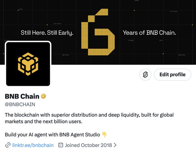 The image shows the updated X/Twitter profile of BNB Chain (@BNBCHAIN), featuring a new black and gold banner celebrating "6 Years of BNB Chain" with the tagline "Still Here. Still Early." and "Build your AI agent with BNB Agent Studio." The new branding directly ties into the post's "#6YearsOfBNBChain" anniversary announcement.