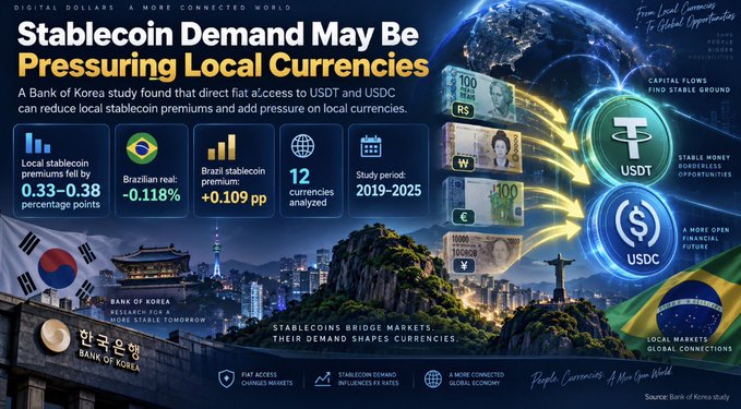 An infographic titled 'Stablecoin Demand May Be Pressuring Local Currencies' showing statistics from a Bank of Korea study about USDT and USDC reducing local stablecoin premiums in Brazil (Brazilian real: -0.118%, Brazilian stablecoin premium: +0.109 pp) across 12 currencies from 2019-2025, featuring logos for USDT and USDC.