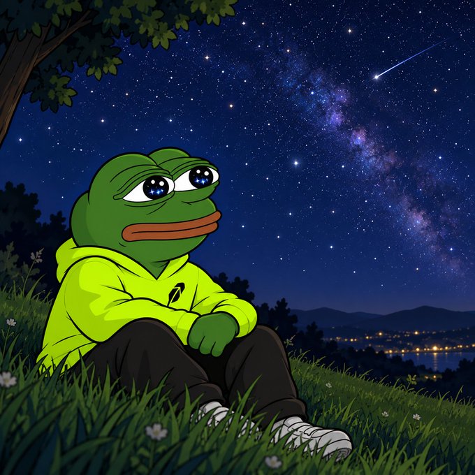 An illustration of the Pepe the Frog character wearing a bright yellow-green hoodie, sitting in grass under a starry night sky with the Milky Way galaxy visible and a shooting star overhead.