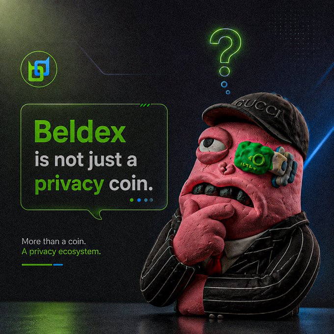 A promotional graphic for 'Beldex' featuring a pink sculpted character wearing a Gucci cap, with text stating 'Beldex is not just a privacy coin. More than a coin. A privacy ecosystem.'