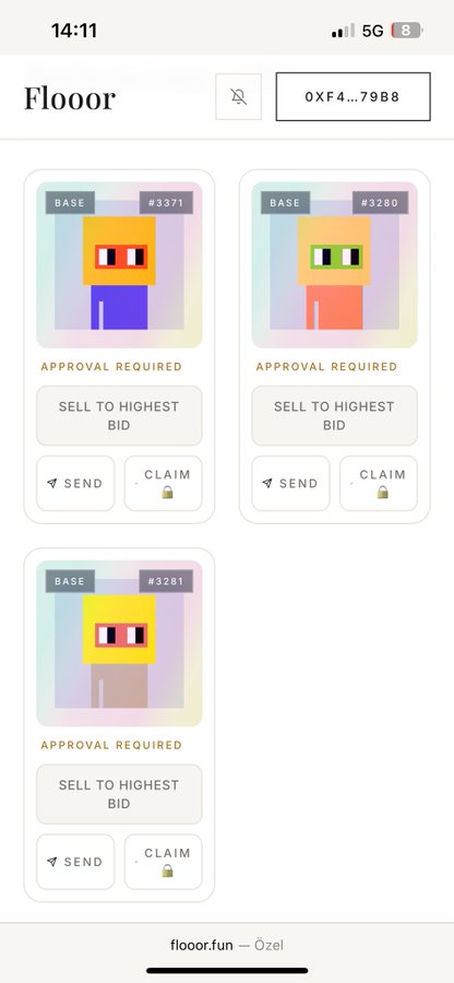 A mobile screenshot from floor.fun showing a 'Flooor' NFT collection page with three BASE pixel art character NFTs (#3371, #3280, #3281) marked as 'APPROVAL REQUIRED'.