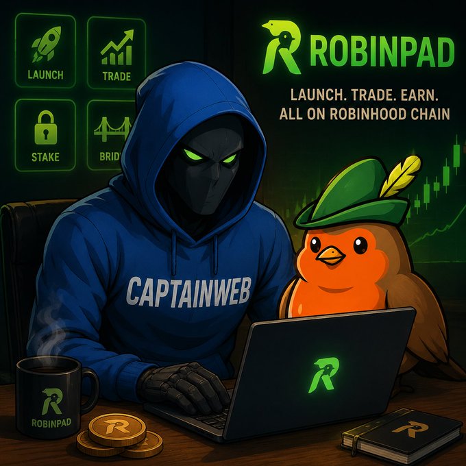 A hooded figure labeled "CAPTAINWEB" works on a laptop alongside a cartoon robin mascot wearing a green hat, with the screen and surrounding branded items all displaying the "ROBINPAD" logo and the tagline "LAUNCH. TRADE. EARN. ALL ON ROBINHOOD CHAIN." Floating feature icons (Launch, Trade, Stake, Bridge) visually reinforce the post's description of RobinPad's multi-functional DeFi hub on Robinhood Chain, while trading charts in the background hint at its AI-powered trading capabilities.