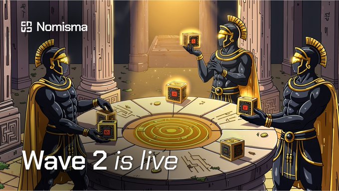 An illustration of three armored Roman-style figures holding glowing gold cubes around a circular table, with the 'Nomisma' logo and text 'Wave 2 is live'.