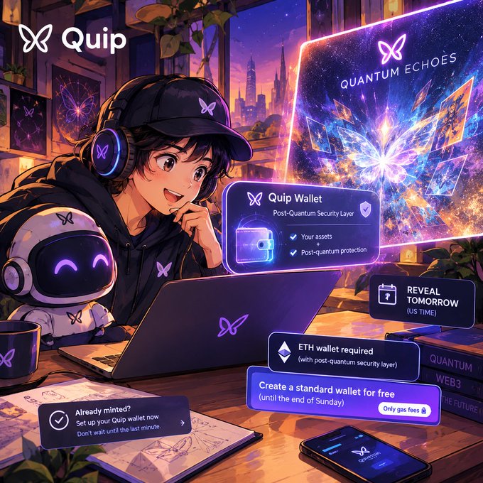 An anime-style promotional graphic for 'Quip' wallet featuring a character with a robot companion, advertising 'Quantum Echoes' and a 'Post-Quantum Security Layer' with text including 'ETH wallet required' and 'REVEAL TOMORROW (US TIME)'.