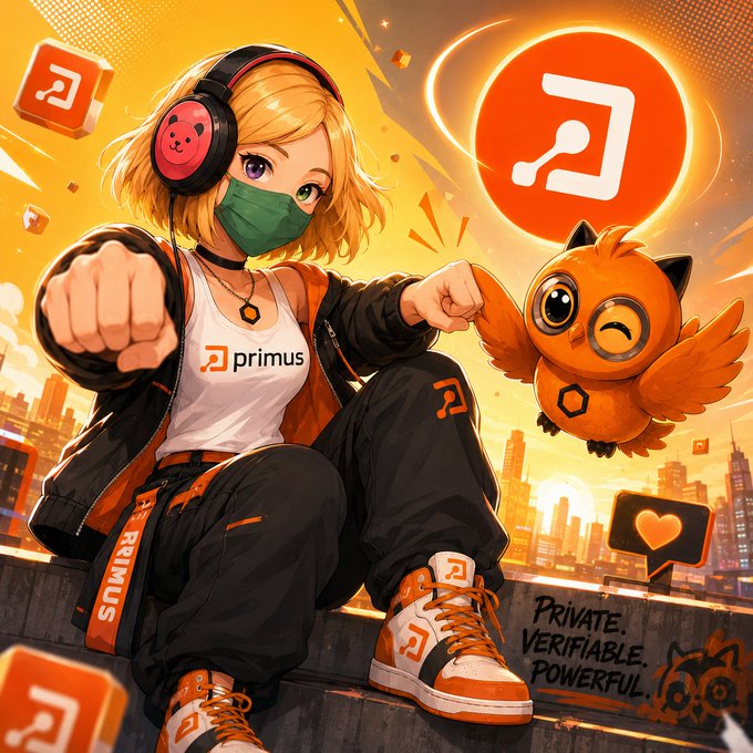 An anime-style promotional illustration features a blonde girl with headphones and a mask wearing 'primus' branded clothing alongside an orange owl mascot, with the text 'PRIVATE. VERIFIABLE. POWERFUL.'
