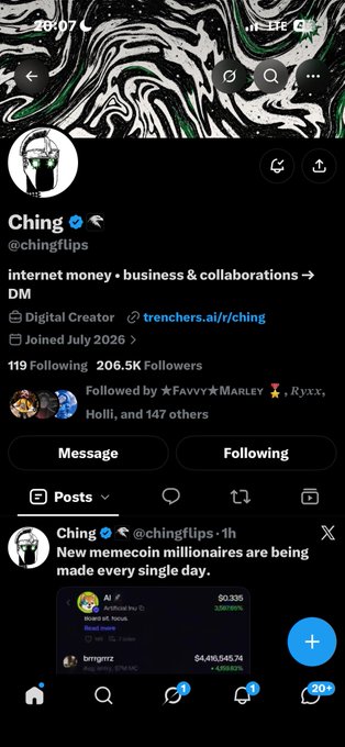 A screenshot of the X (Twitter) profile for @chingflips, a Digital Creator focused on 'internet money, business & collaborations → DM,' joined July 2026 with 206.5K Followers. The visible post states, 'New memecoin millionaires are being made every single day,' referencing tokens like AI ($0.335) and bmgmz ($4,495,545.74).