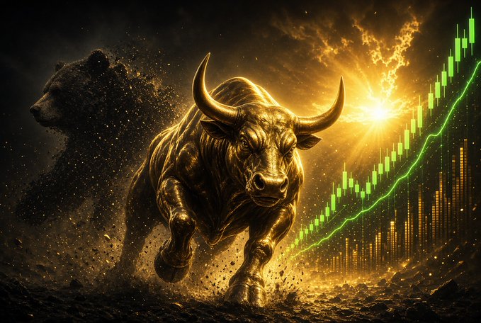 A digital artwork showing a charging golden bull in the foreground, a shadowy bear formed from dust in the background, and a rising green stock market chart on the right.