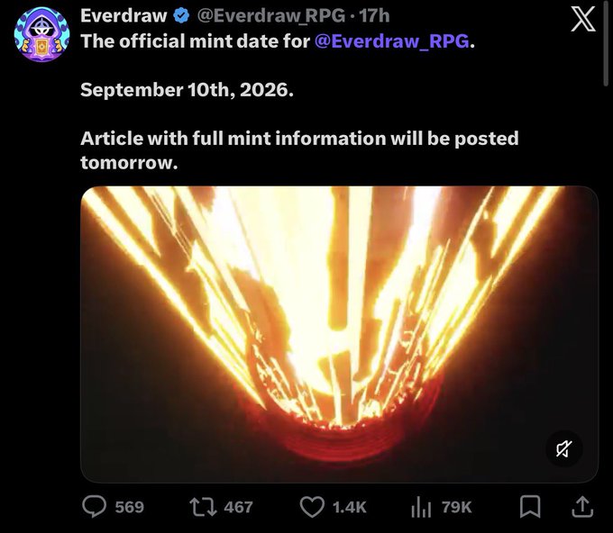 A tweet from @Everdraw_RPG announcing "The official mint date for @Everdraw_RPG. September 10th, 2026. Article with full mint information will be posted tomorrow." with an image of a glowing red/gold object.