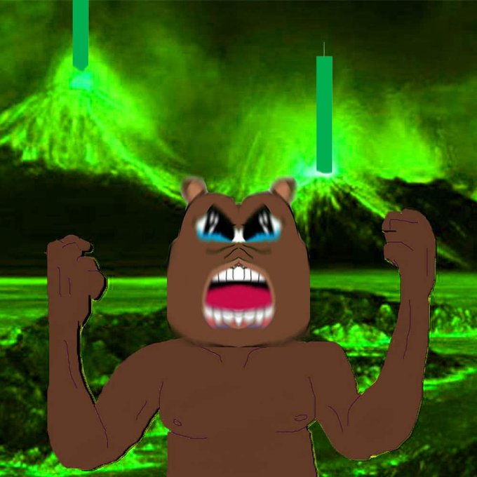 An angry, digitally-drawn brown bear (Arthur meme-style) raises both fists with a snarling expression against a glowing green background with candlestick chart overlays, symbolizing bullish defiance and a "pump" rally. The post "$ENA" is referenced as the coin the creator believes will surge despite bearish sentiment.