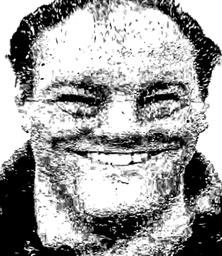 This is a distorted, pixelated mugshot of a man, likely one of the six pieces commissioned from @cydr that took nearly two years to mint.