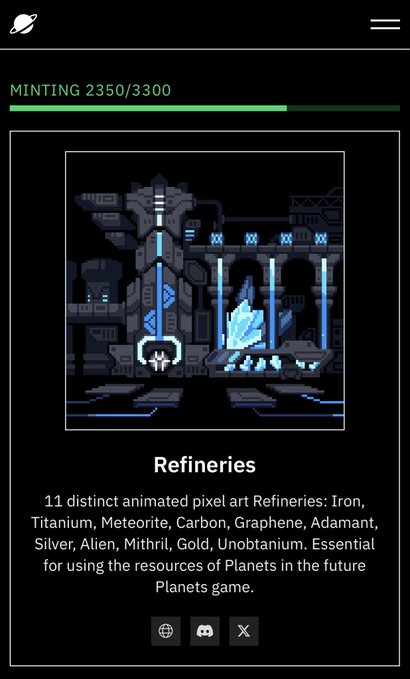 A dark digital interface displays a pixel-art image of an industrial sci-fi structure labeled 'Refineries', with text describing '11 distinct animated pixel art Refineries' including Iron, Titanium, and Graphene.
