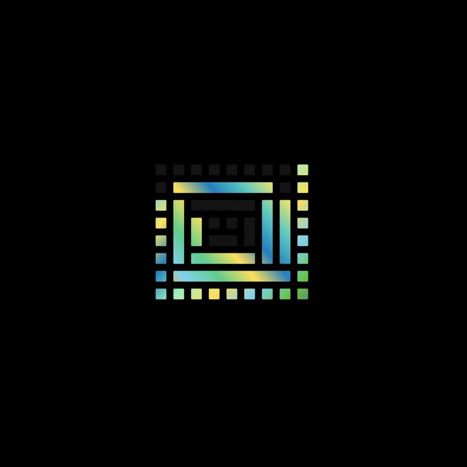 A colorful, iridescent geometric logo featuring concentric squares and rectangles in blue, green, and yellow gradients is centered on a black background.