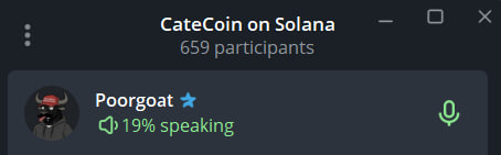 A screenshot of a Telegram voice chat titled "CateCoin on Solana" showing 659 participants, with a user named "Poorgat" indicated as 19% speaking.