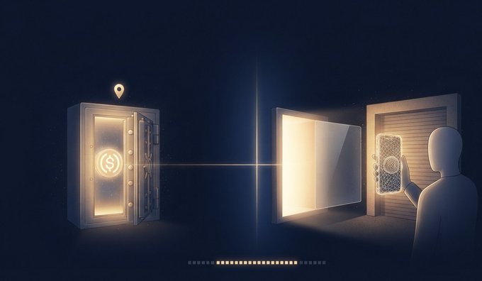A conceptual illustration showing a glowing safe with a dollar sign, connected by a light beam to a transparent screen and a humanoid figure holding a glowing card or device, symbolizing digital finance.