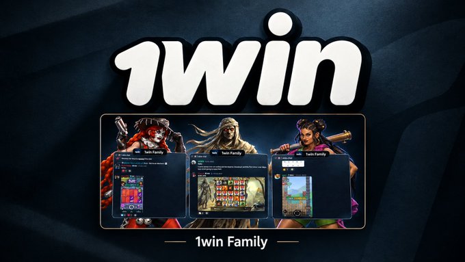 1win promotional banner displaying the white '1win' logo with three gaming screenshots labeled '1win Family' featuring fantasy and casino-style games.
