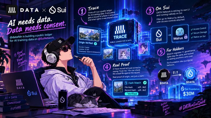 An infographic for the @datafdn project on the Sui Network, titled "AI needs data. Data needs consent," explaining how Trace technology works to provide public ledgers for AI training data.