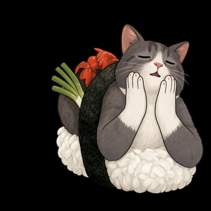 A contented gray and white cat rests atop a sushi roll with its paws pressed together in a prayer-like gesture, perfectly capturing the blissful "sushicat" spirit of savoring a favorite meme coin.