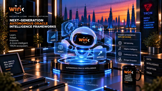 A promotional graphic for WinK, a decentralized oracle network, featuring text about 'NEXT-GENERATION AUTONOMOUS ORACLE INTELLIGENCE FRAMEWORKS' with a robot character displaying Learn, Adapt, and Improve functions.