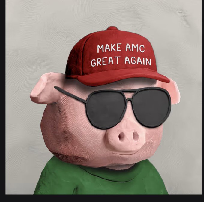 A 3D render of a piggy bank character wearing sunglasses, a green shirt, and a red cap reading 'MAKE AMC GREAT AGAIN'.