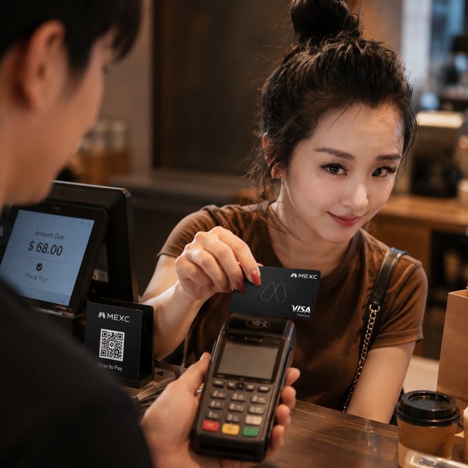 A promotional image for MEXC crypto card (Visa) showing a young woman handing her card to a cashier at a payment terminal displaying $68.00 'Thank You'.