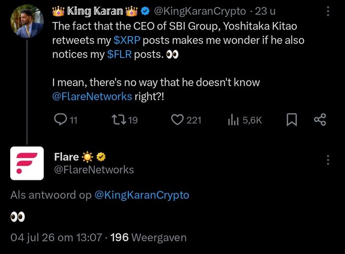 A tweet by @KingKaranCrypto notes that SBI Group CEO Yoshitaka Kitao retweets his $XRP posts, speculating if he also notices his $FLR posts about @FlareNetworks, with the official Flare account responding with "👀." The exchange fuels speculation about a potential partnership between Flare and SBI.