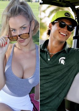 A side-by-side image shows a blonde woman in a gray tank top holding sunglasses on the left, and a smiling man wearing a neon green hat and a green Michigan State Spartans polo shirt on the right. The accompanying post references a satirical Polymarket event pairing the golf influencer Paige Spiranac with the Michigan State mascot "Big John," playing on the playful absurdity of fictional prediction markets.