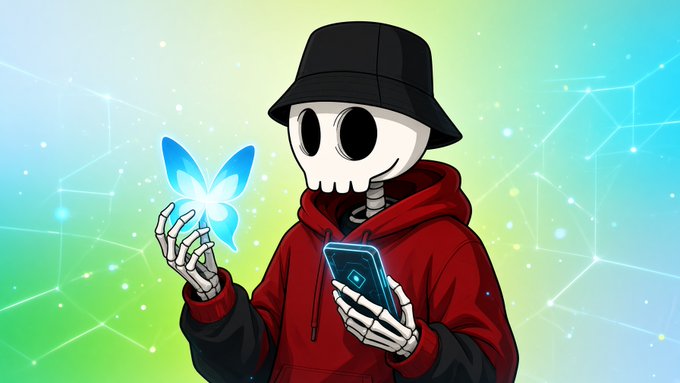 A digital illustration of a cartoon skeleton character wearing a red hoodie and black bucket hat, holding a glowing blue butterfly and a smartphone.