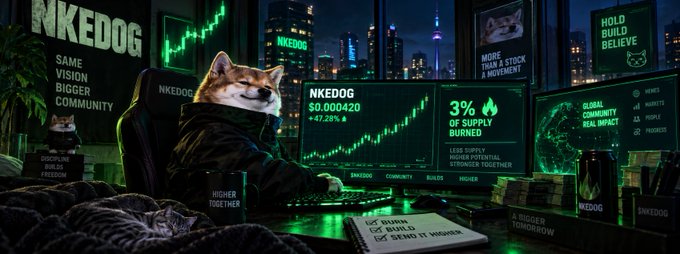 An AI-generated image shows a Shiba Inu dog dressed as a trader at a multi-monitor setup displaying '$NKEDOG' with a price of '$0.000420' (+47.28%) and messages like '3% OF SUPPLY BURNED' and 'HOLD BUILD BELIEVE'.