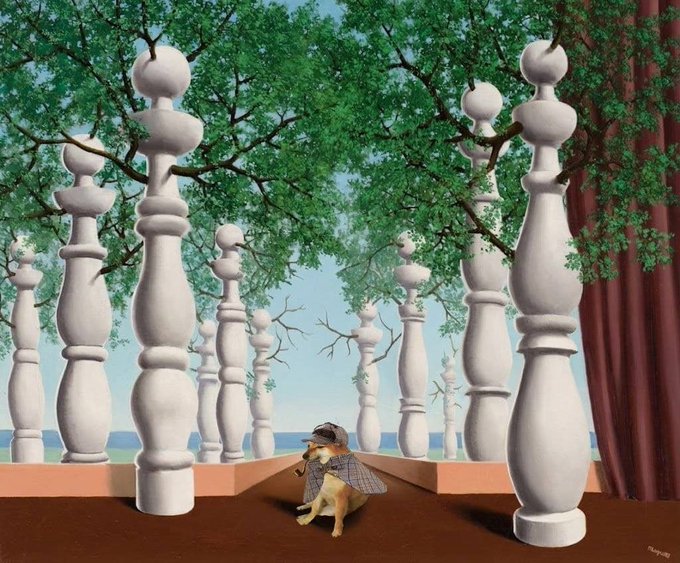 A surreal painting features giant white chess pawns arranged among leafy trees in a forested setting, while a man in a detective hat embraces a German Shepherd dog in the foreground.
