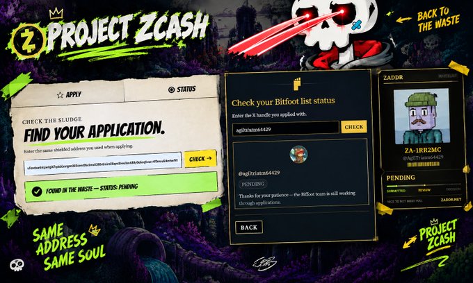 A graphic for 'PROJECT ZCASH' with a 'BACK TO THE WASTE' theme shows a Bitfoot list application status interface displaying 'agiltrism64429' as 'PENDING' for the ZADDR 'ZA-1RR2NC', featuring a zombie-like cartoon character.