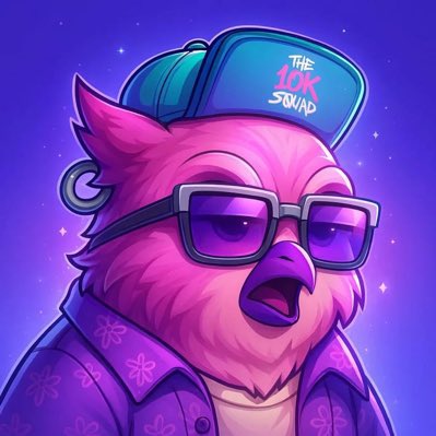 A digital illustration of a pink owl character wearing a teal 'The 10k Squad' cap and black glasses, set against a purple starry background.