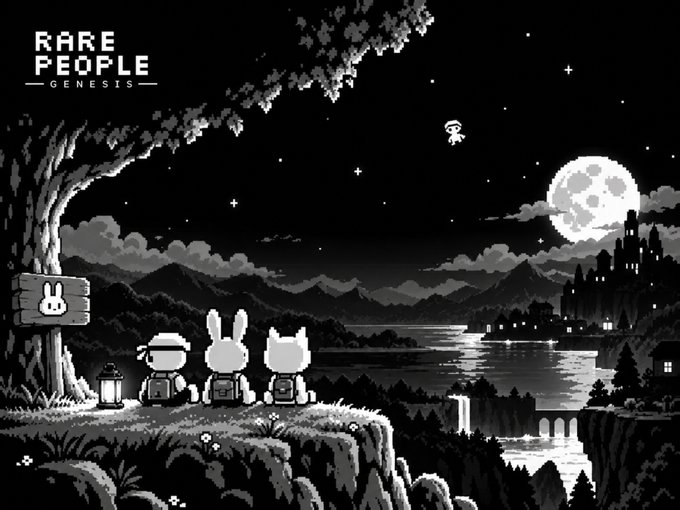 Black and white pixel art titled 'RARE PEOPLE GENESIS' showing three characters looking out over a landscape towards a moonlit castle.