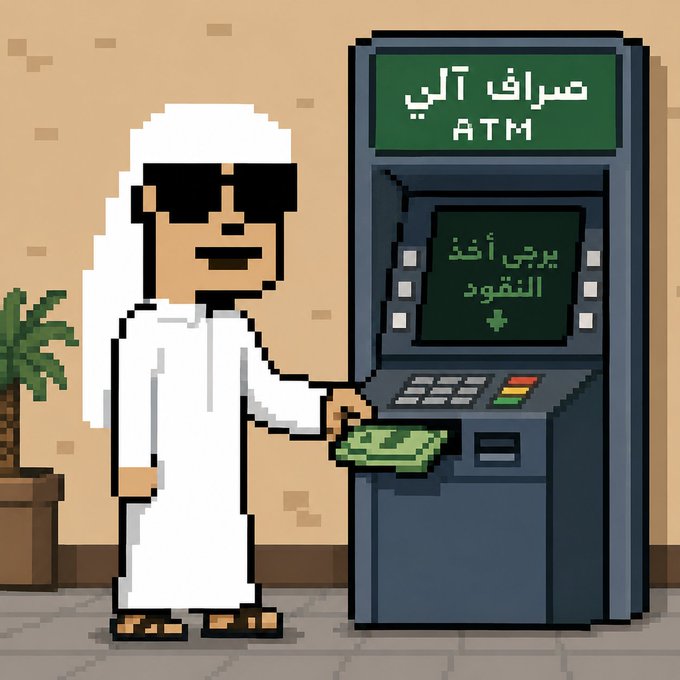 A pixel-art person in traditional Gulf attire withdraws cash from an ATM labeled “مصرف آلي” (ATM), whose screen reads “يرجى أخذ النقود” (“Please take the cash”). The promotional image visually represents the ATM Protocol NFT giveaway described in the post.